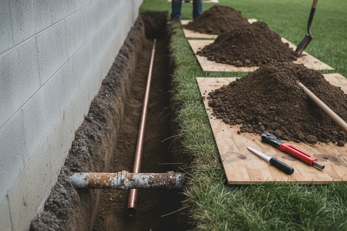 Excavated water line trench during Water Softener Installation in Savona